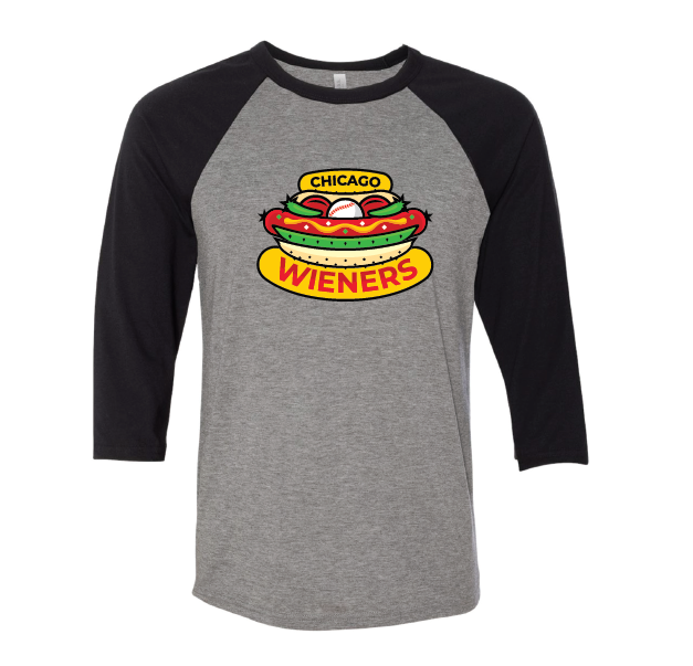 CHICAGO DOGS YOUTH RAGLAN 3/4 SLEEVE TEE WIENERS LOGO - BLACK/GREY - Chicago Dogs Team Store
