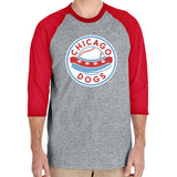 Chicago Dogs Mens Primary Logo 3/4 Sleeve Raglan Baseball Tee - Grey/Red - Chicago Dogs Team Store