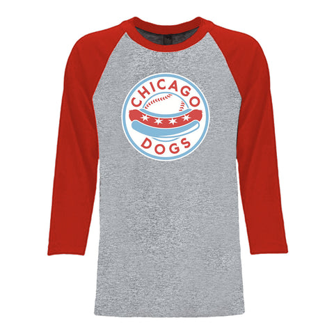 Chicago Dogs Mens Primary Logo 3/4 Sleeve Raglan Baseball Tee - Grey/Red - Chicago Dogs Team Store
