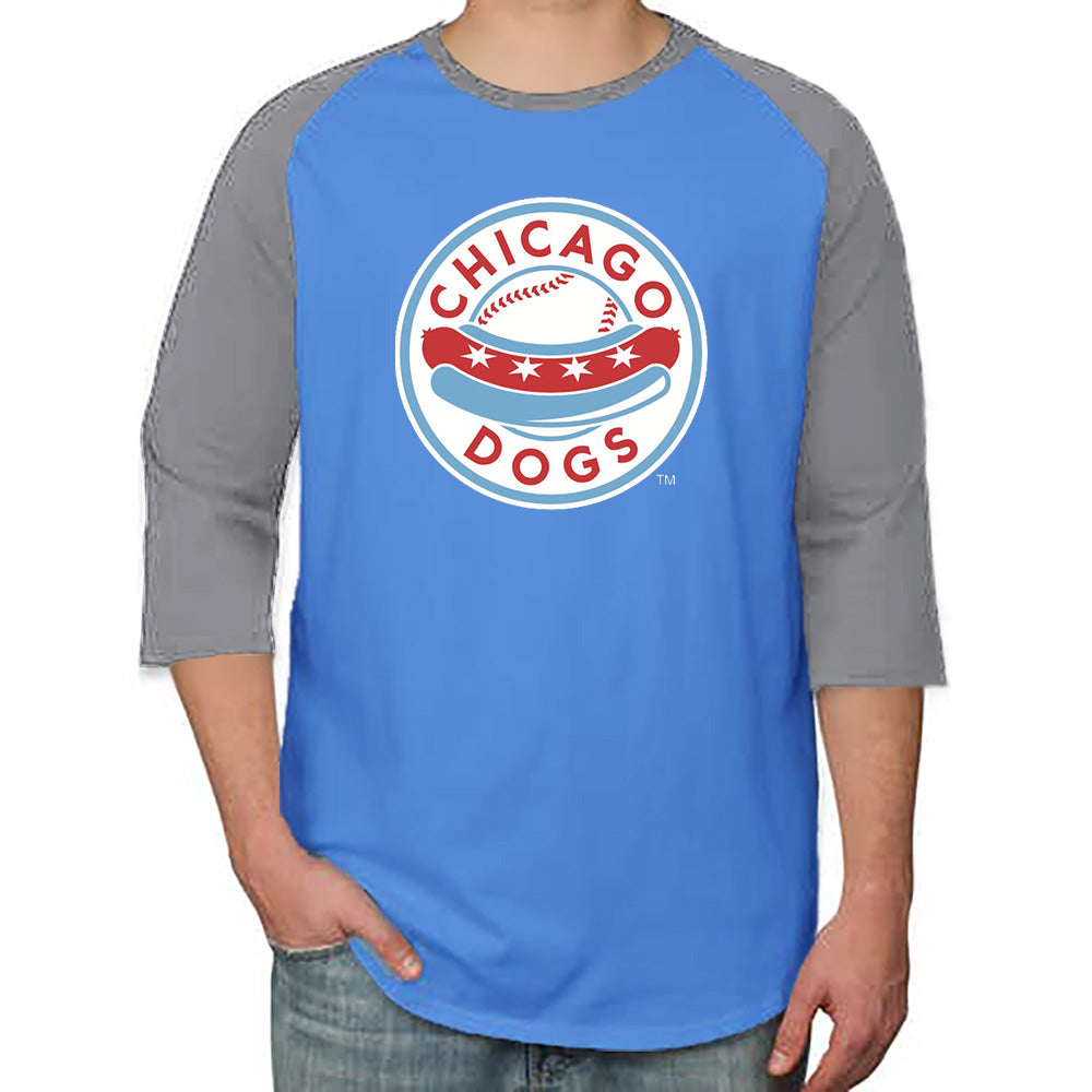 Chicago Dogs Primary Logo 3/4 Sleeve Raglan Tee - Light Blue/Grey - Chicago Dogs Team Store