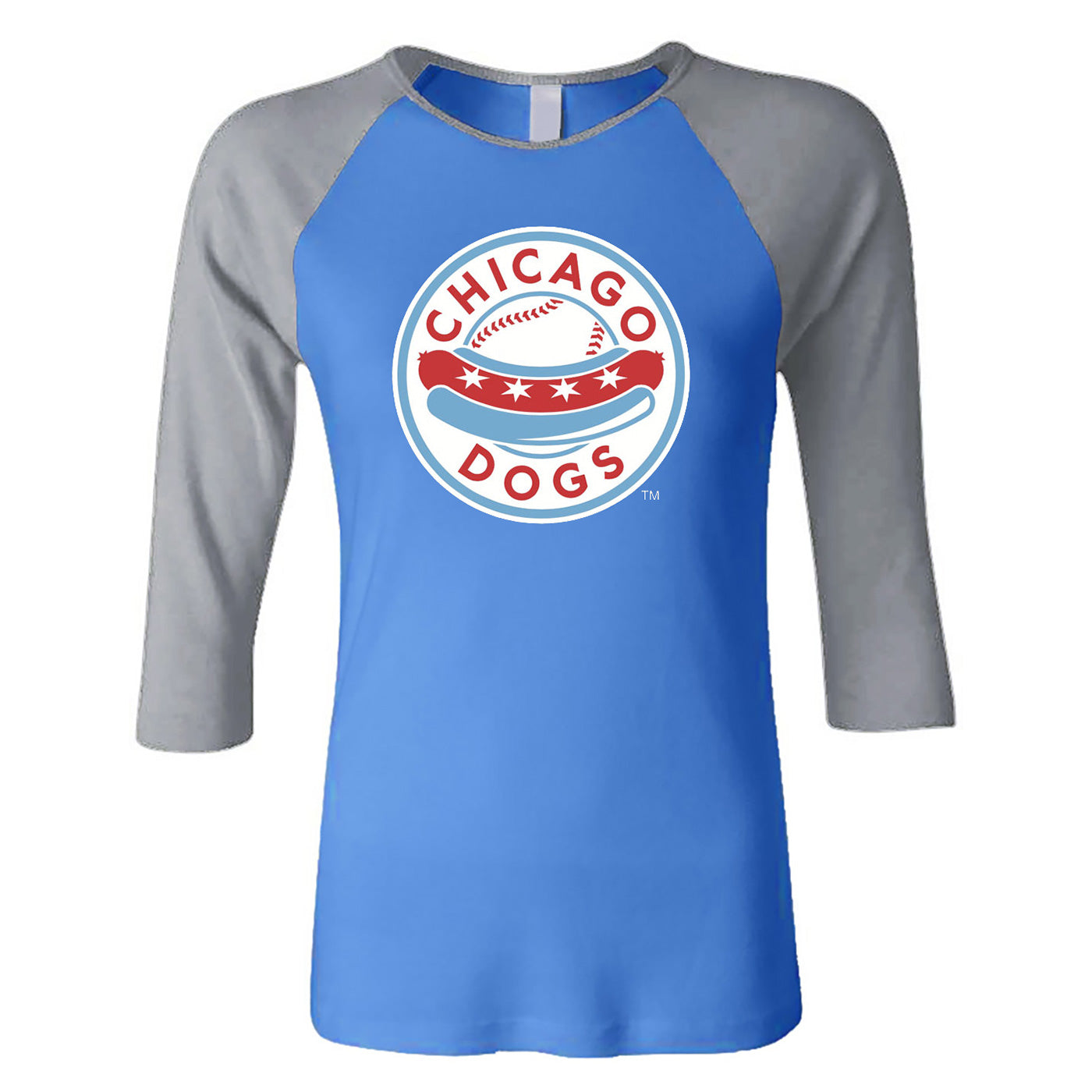 Chicago Dogs Womens Primary Logo 3/4 Sleeve Raglan Tee - Light Blue/Grey - Chicago Dogs Team Store